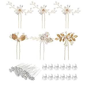 38 Pack Women Wedding Bridal Bride Hair Clips Side Combs Gold Decorative Bobby Pins Barrettes Vines Party Prom Headpiece Hairstyle Accessories Vintage Crystal Rhinestone Pearl Flower Ivory Silver Gold