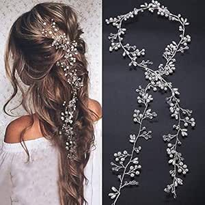 Denifery Rose Gold and Silver Extra Long Pearl and Crystal Bridal Head Vine with Hair Accessories (Silver)